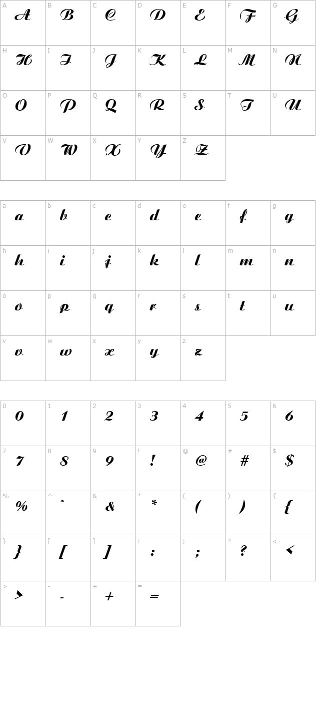 QTArtiston Regular character map