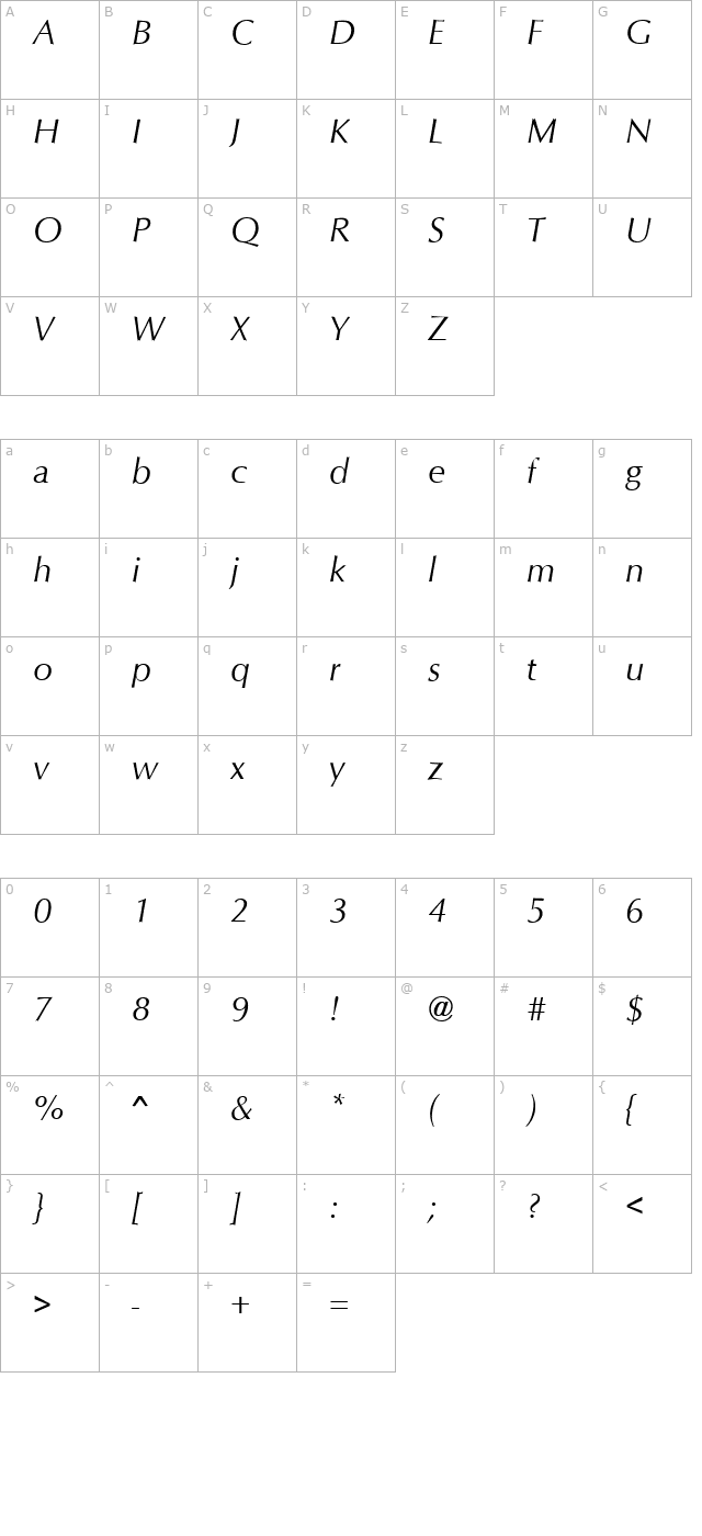 QTOptimum Italic character map