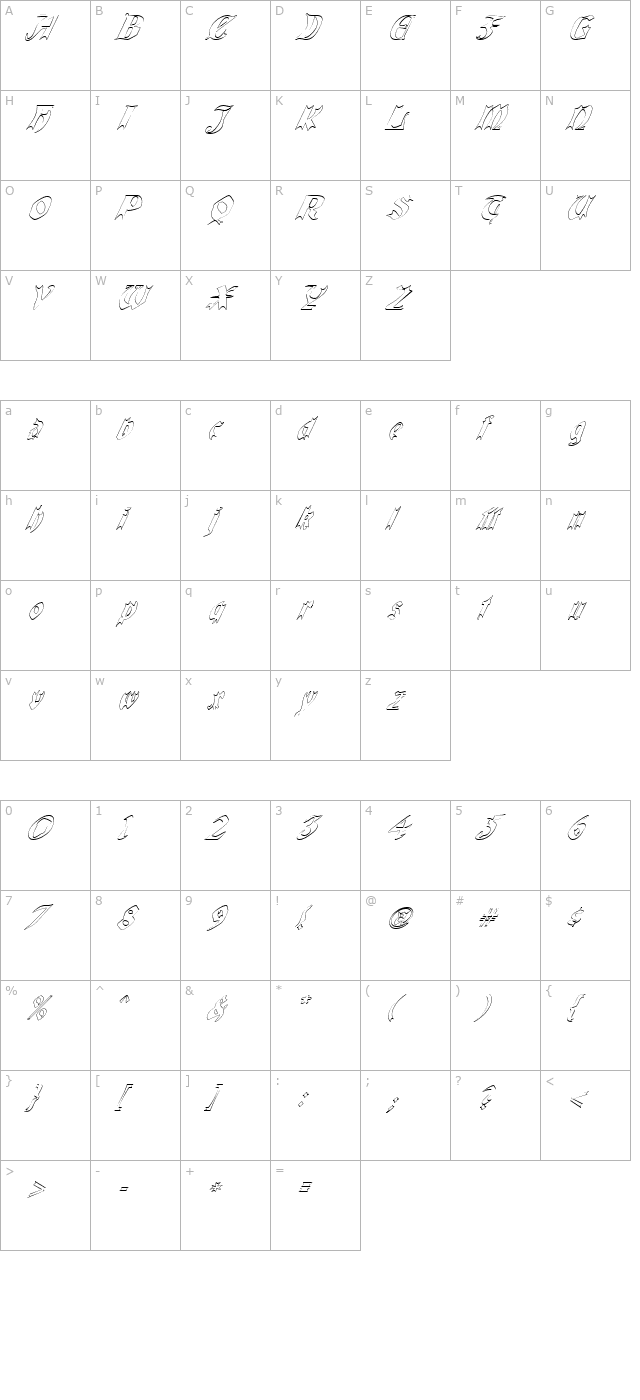 QuaelGothicHollowItalics character map