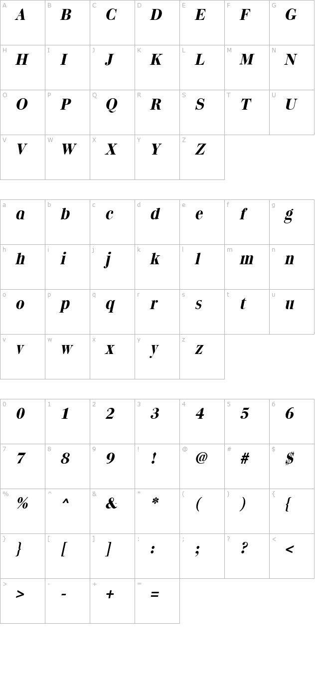 Quantas Bold Italic character map