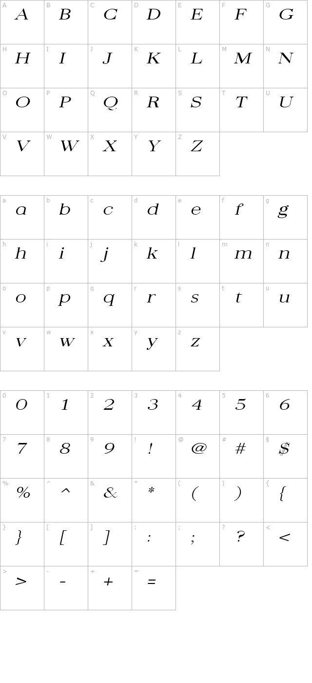 QuantasBroadLight Italic character map