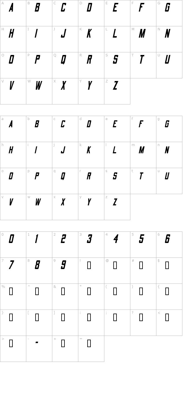 QuarterbackCondensed Oblique character map