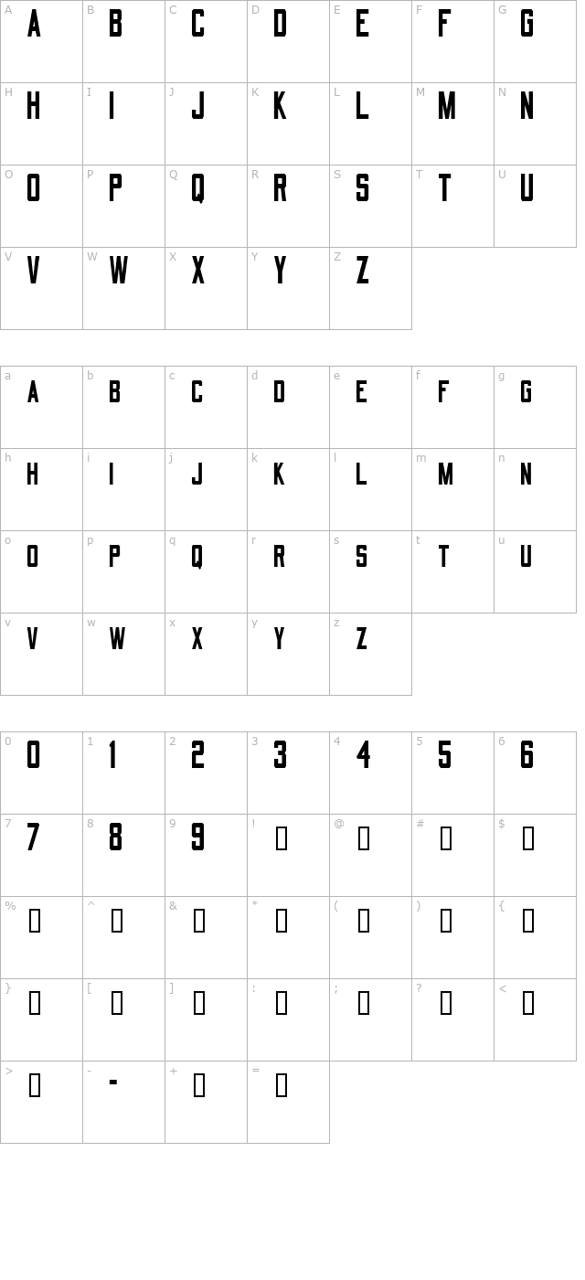 quarterbackcondensed character map