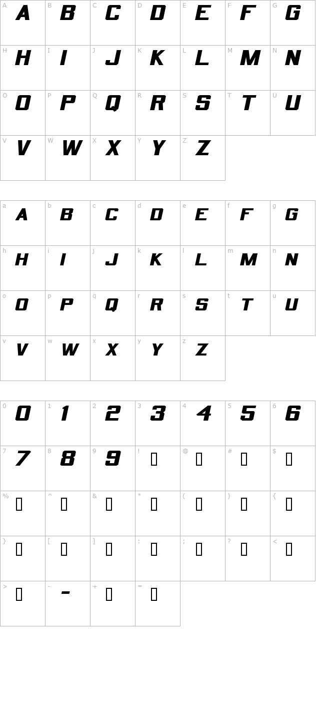 QuarterbackExtended Oblique character map