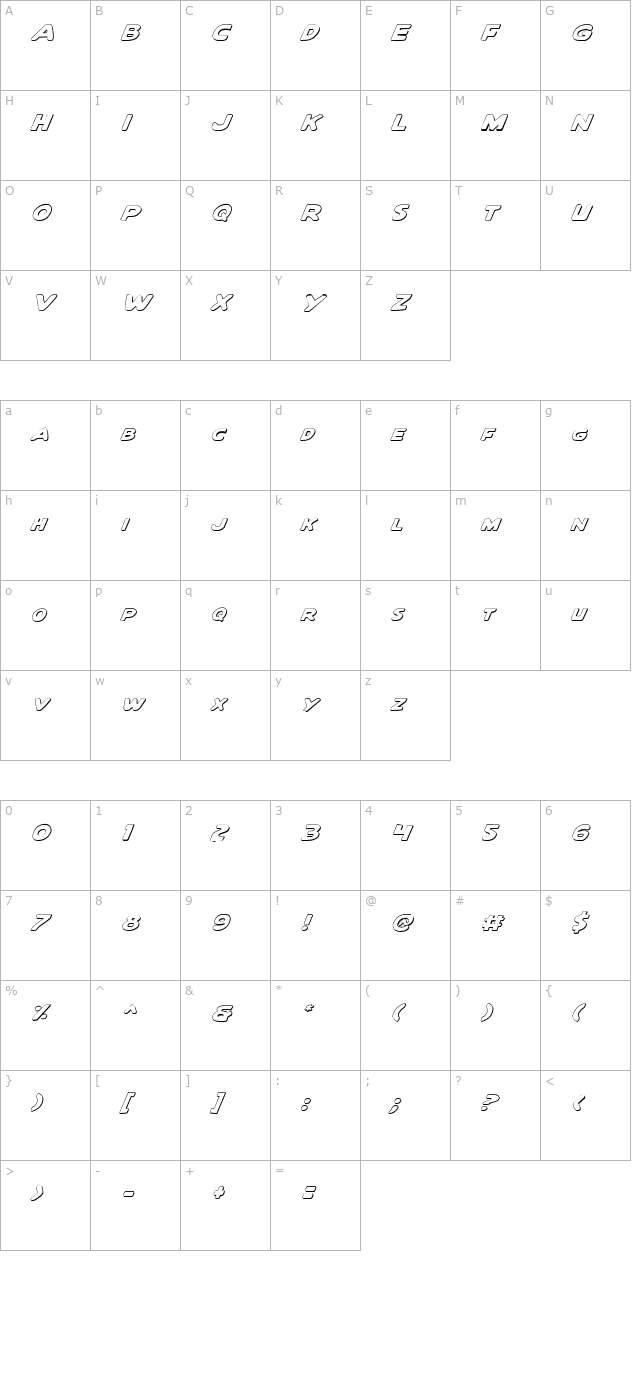 Quartermain Outline Italic character map