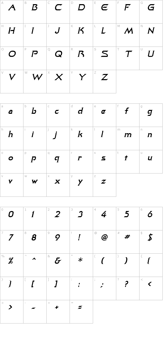 Quasar Italic character map