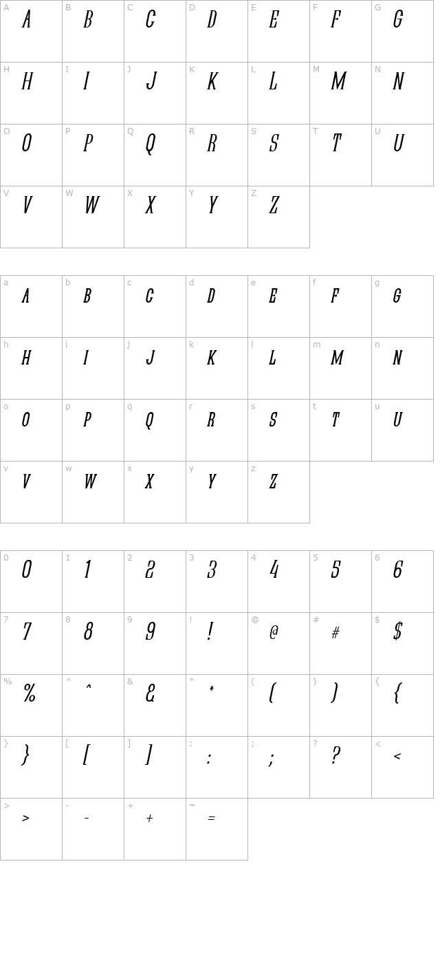 Quastic Kaps Narrow Italic character map