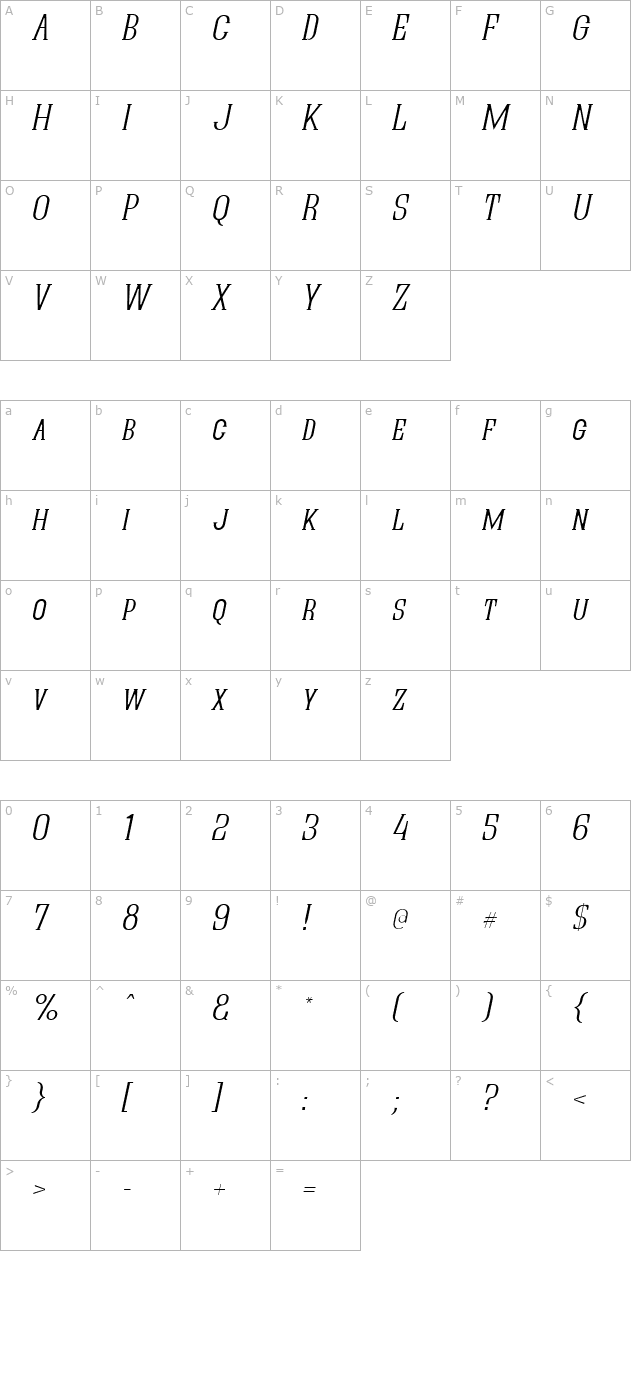 Quastic Kaps Thin Italic character map