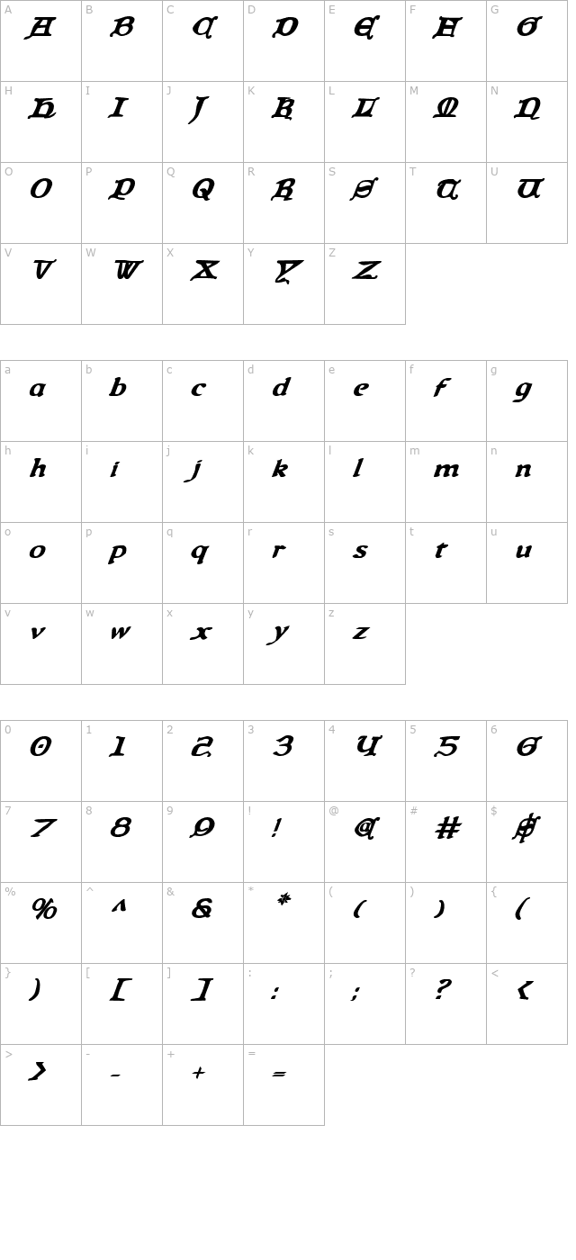 Queen & Country Bold Italic character map