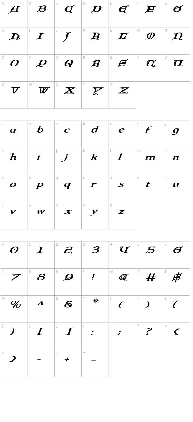 Queen & Country Expanded Italic character map