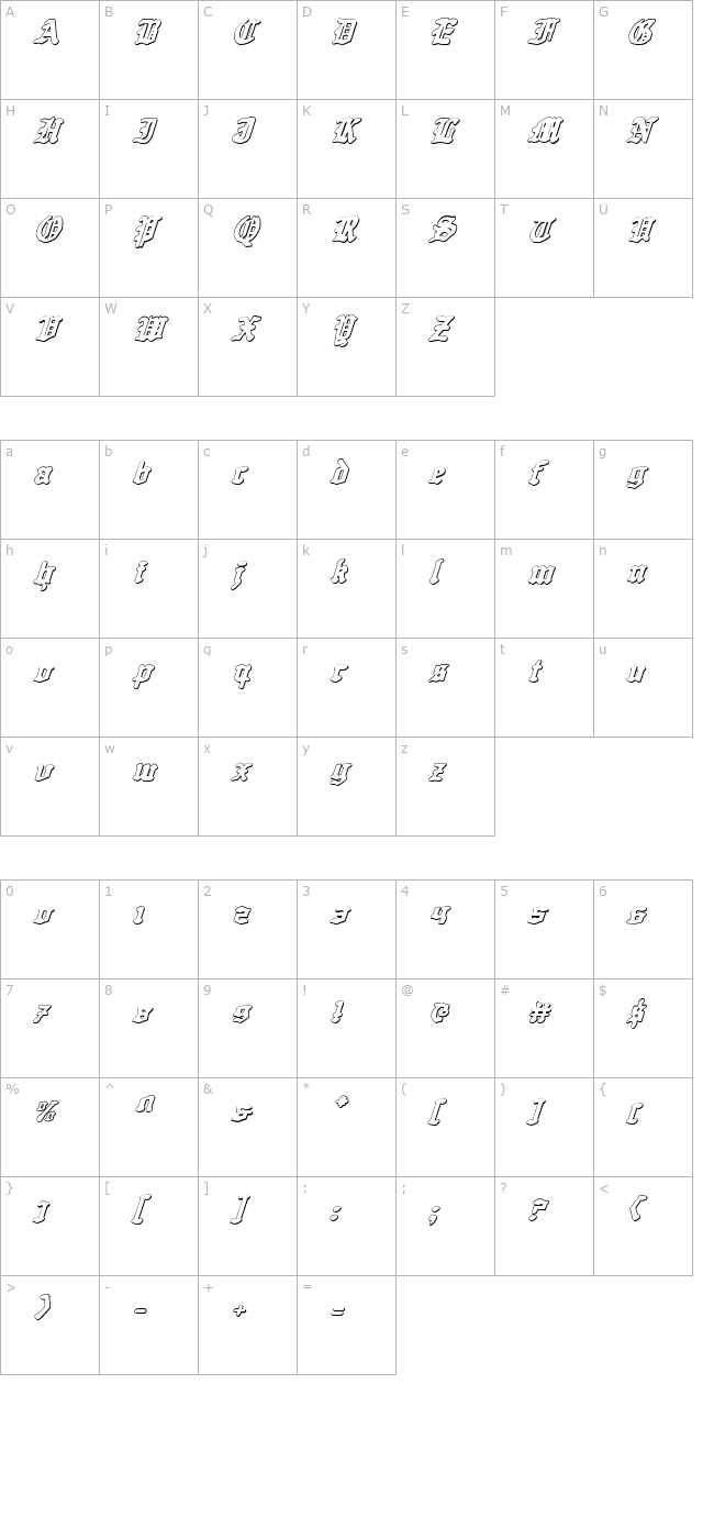 Quest Knight 3D Italic character map