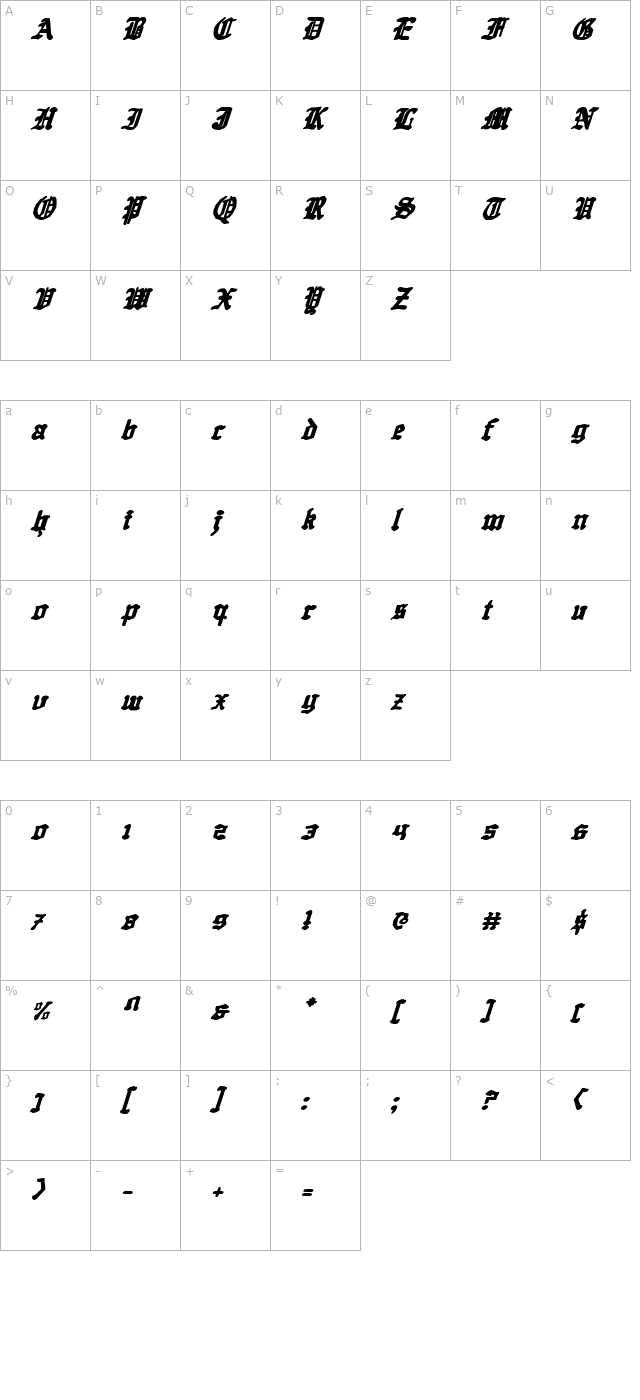 Quest Knight Italic character map