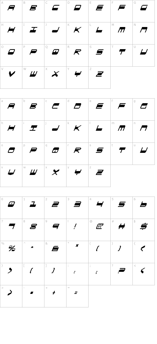 quickgear-condensed-italic character map