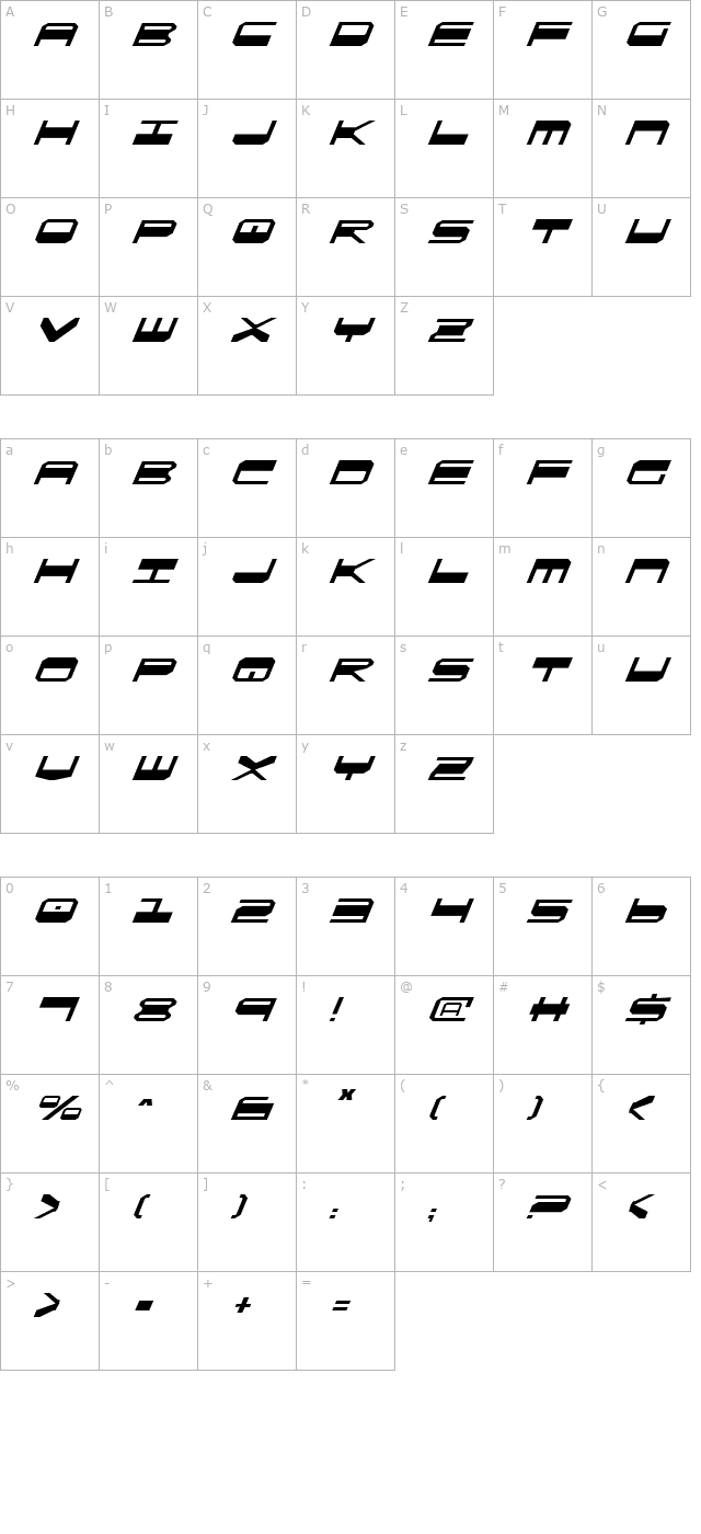 QuickGear Italic character map
