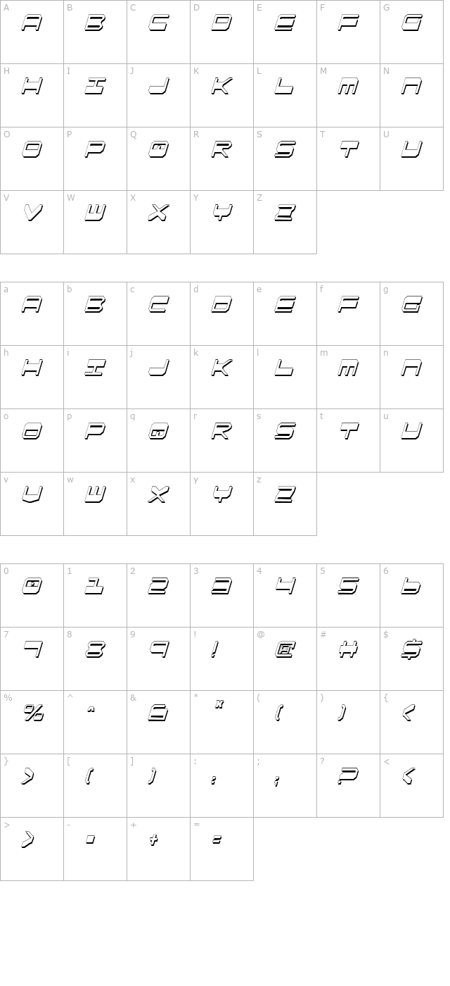 QuickGear Shadow Condensed Italic character map