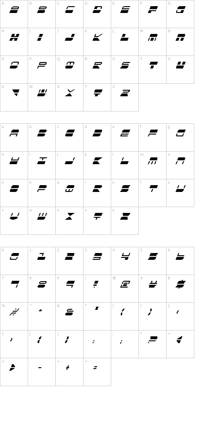 quickmark-condensed-italic character map