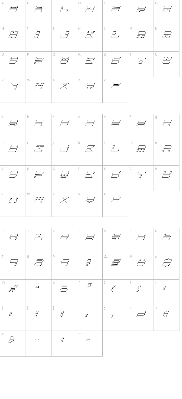QuickMark Shadow Condensed Italic character map