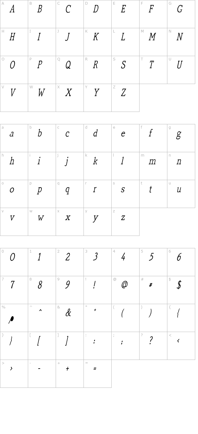 QuickType Condensed Italic PDF character map