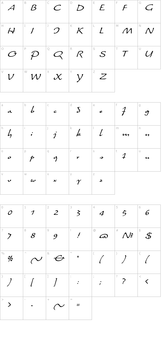 Quiller OTF character map