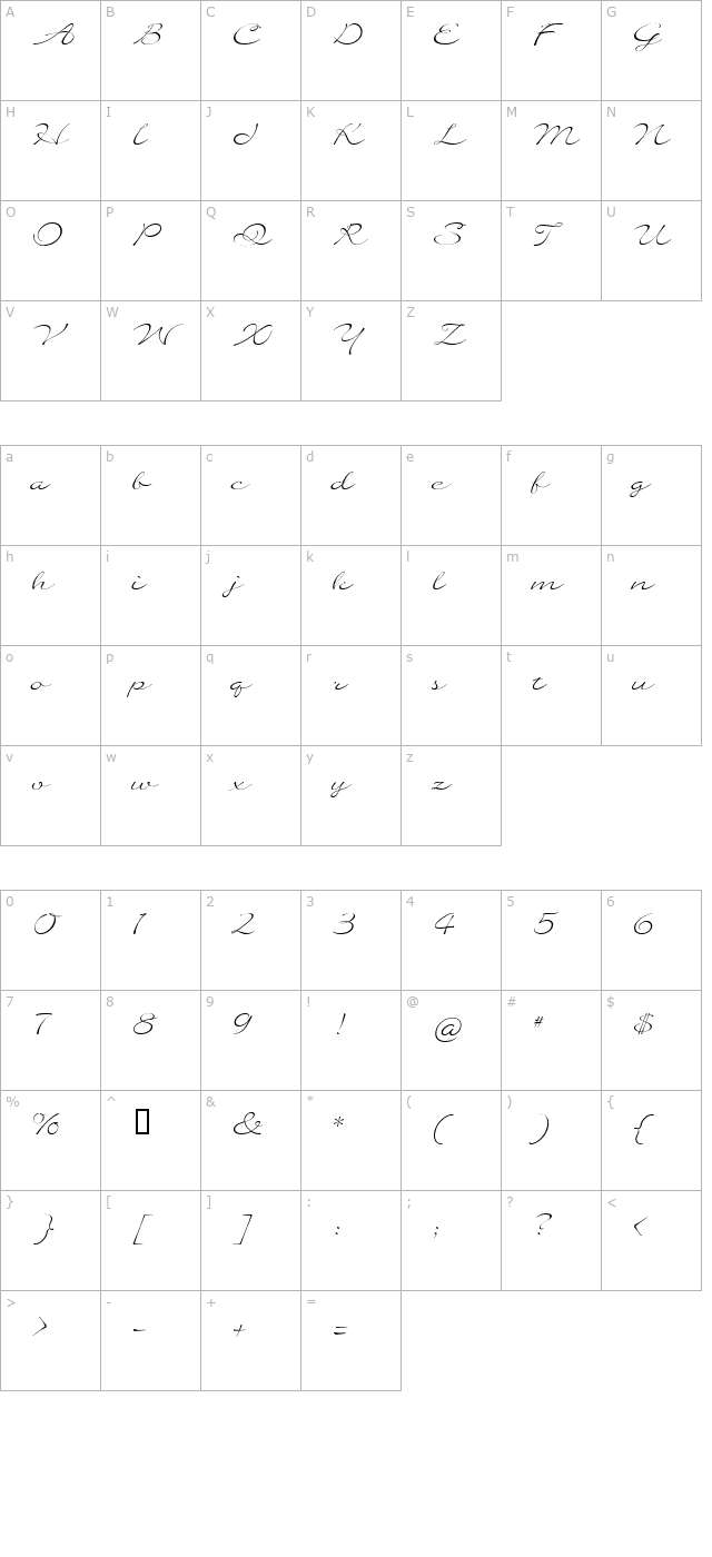 Quilline Script Thin character map