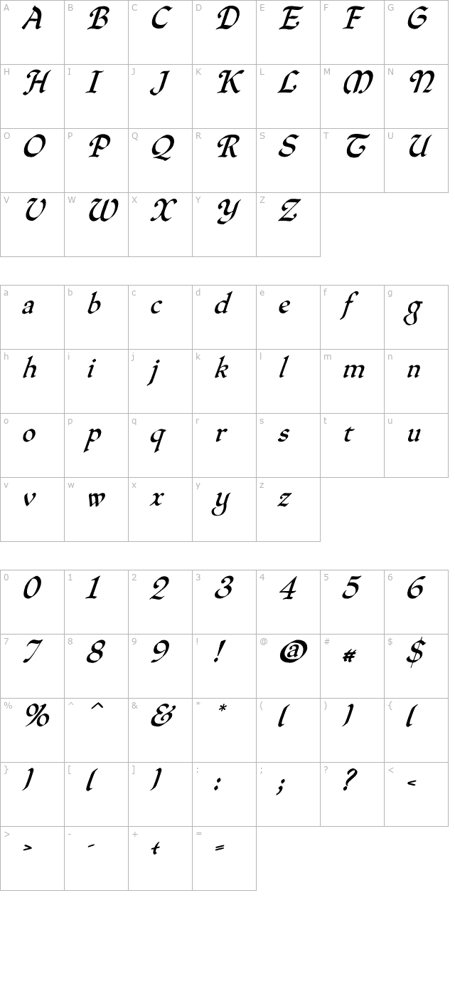 QuillOblique character map