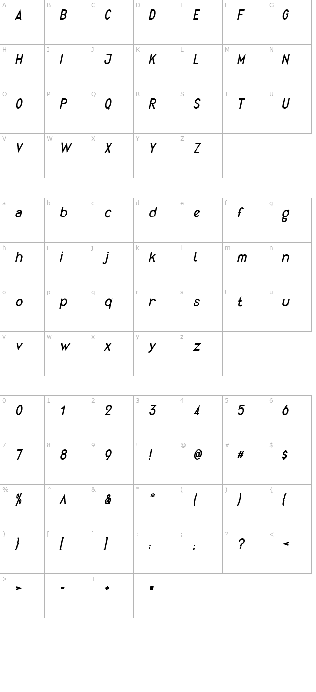 Quirkus Italic character map