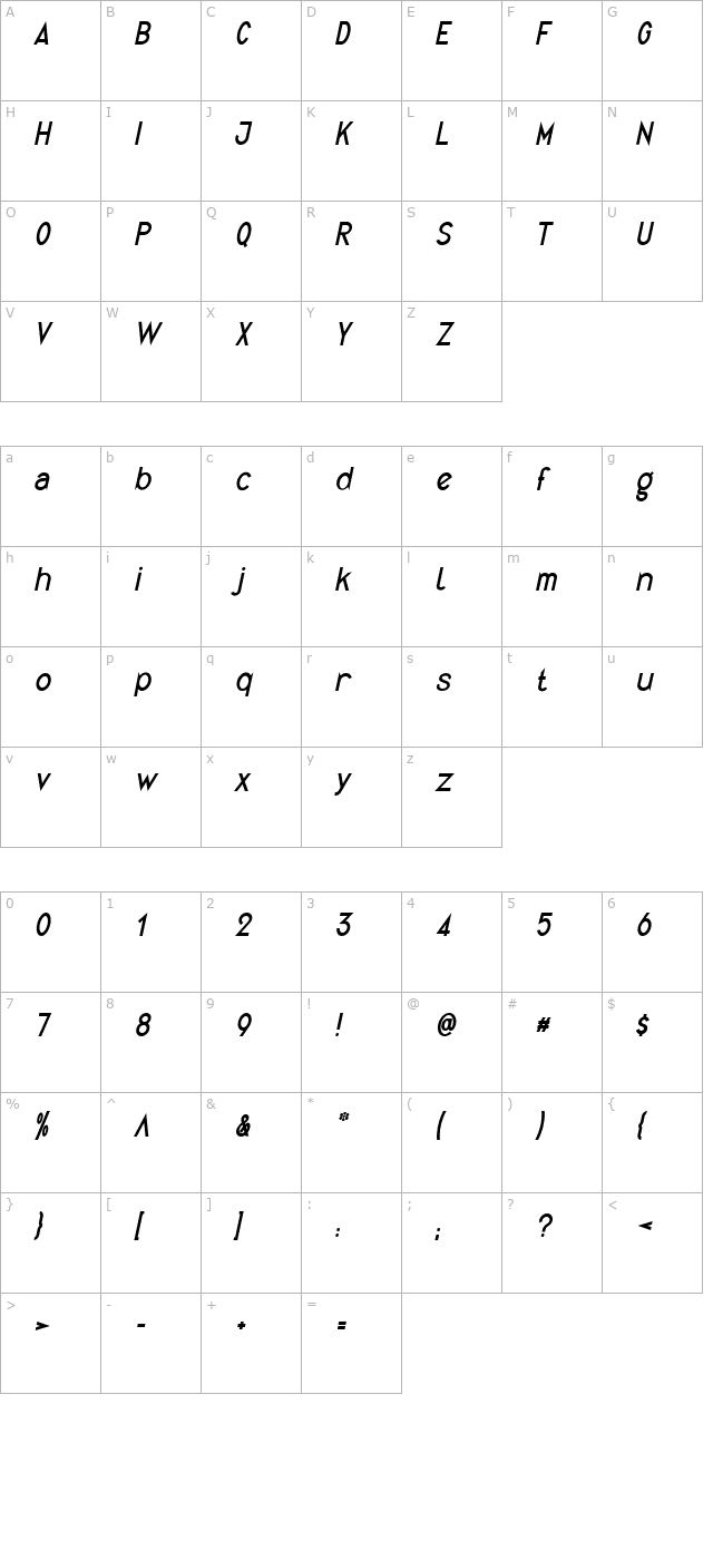 quirkus-italic character map