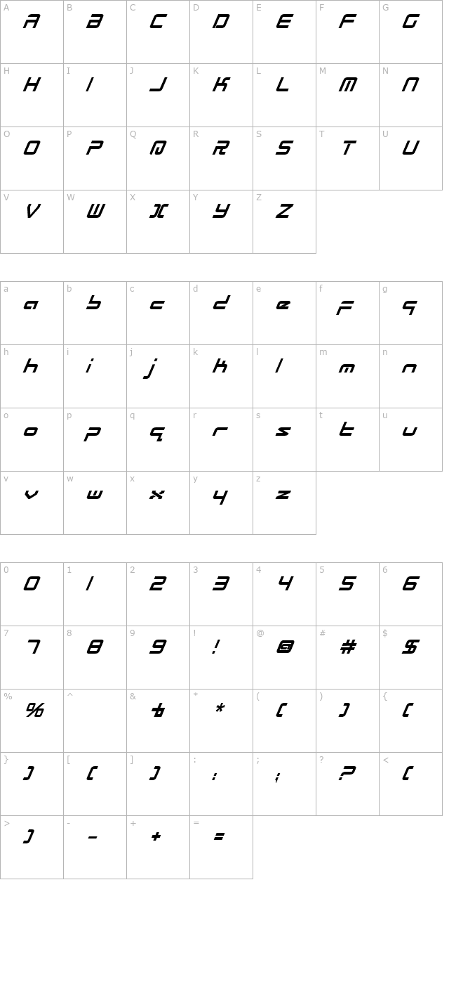 Radio Space Bold Italic character map