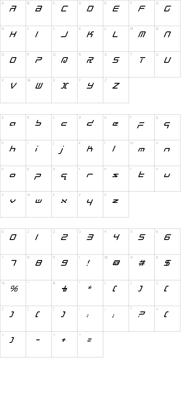 Radio Space Italic character map