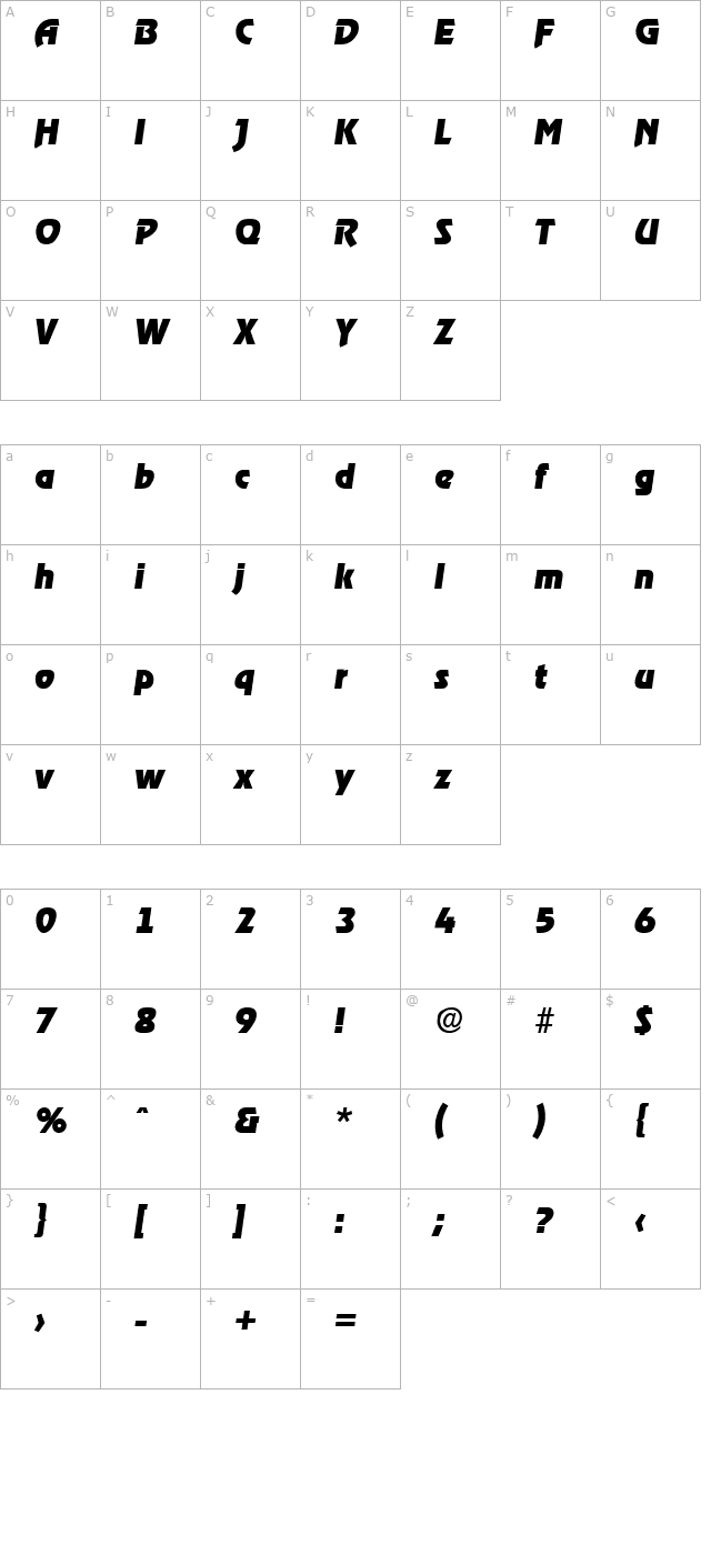 Ragtime-ExtraBoldIta character map