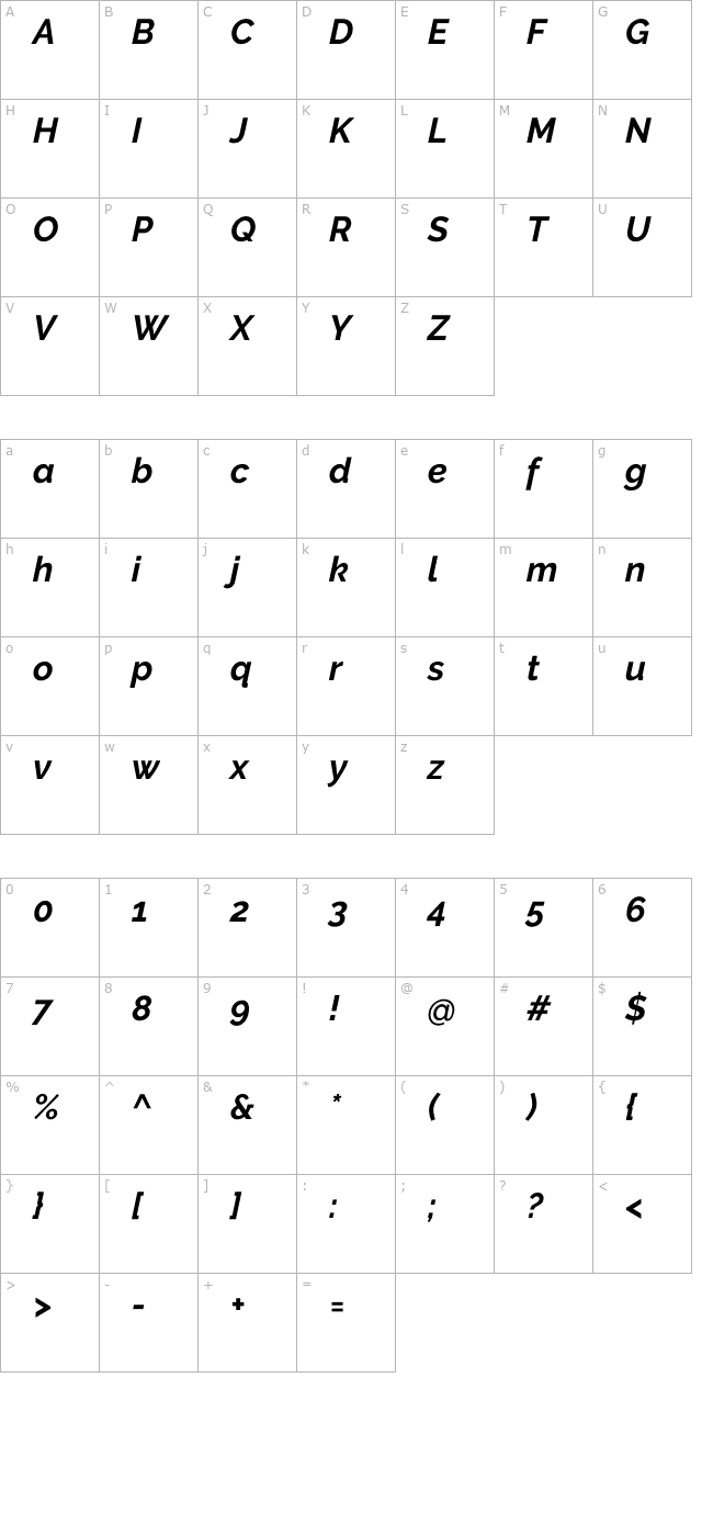 Raleway Bold Italic character map