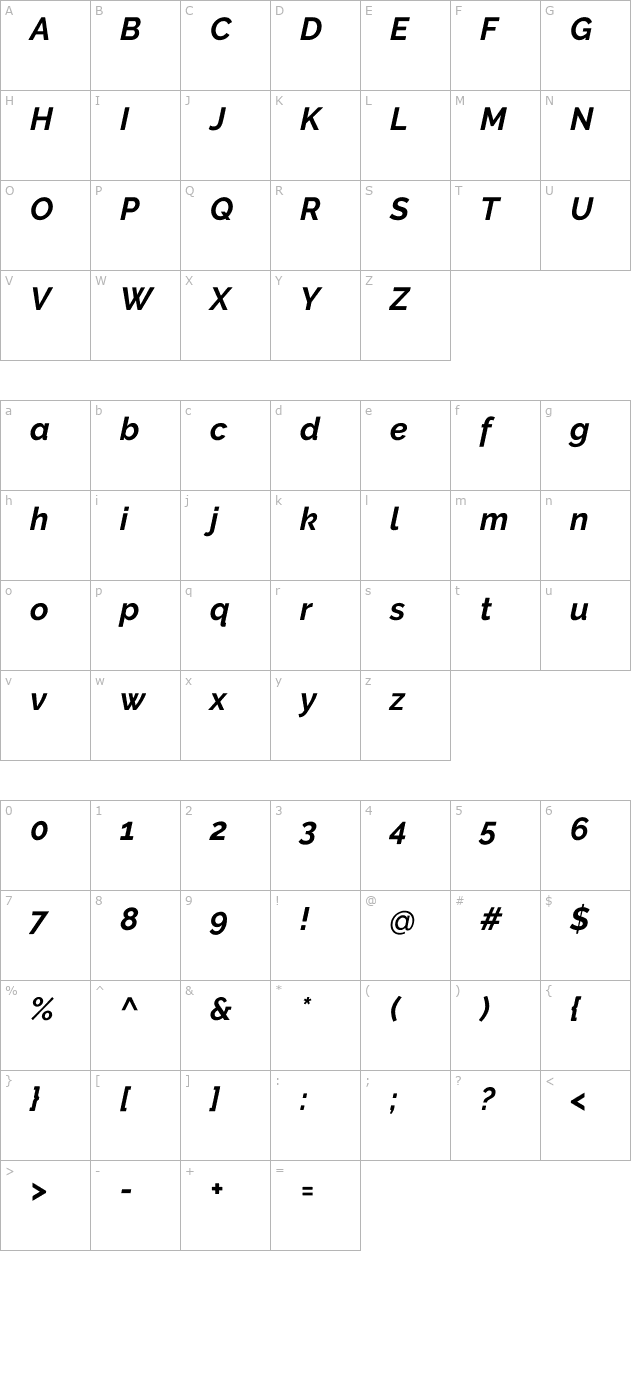 raleway-bold-italic character map