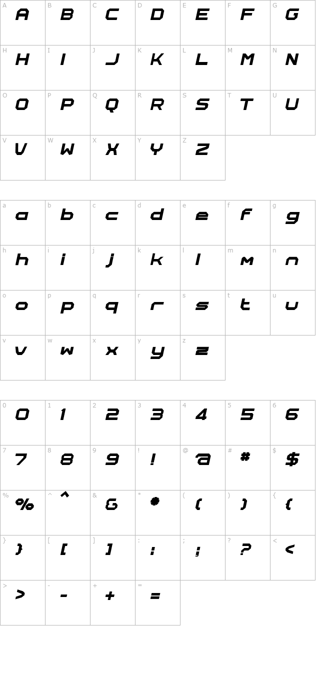 Rally-Italic character map