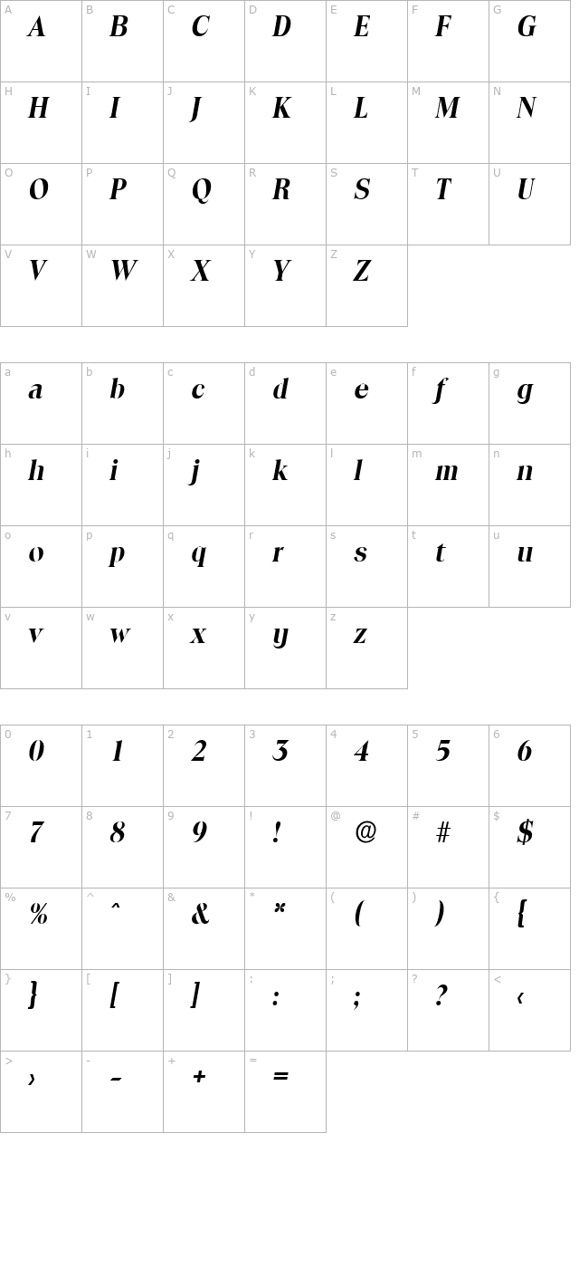 RalphBecker Bold Italic character map
