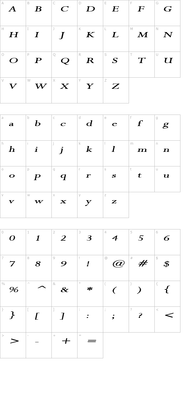 Rapid Extended BoldItalic character map