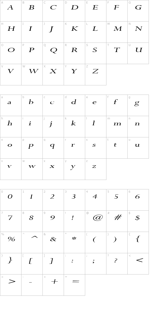 Rapid Extended Italic character map