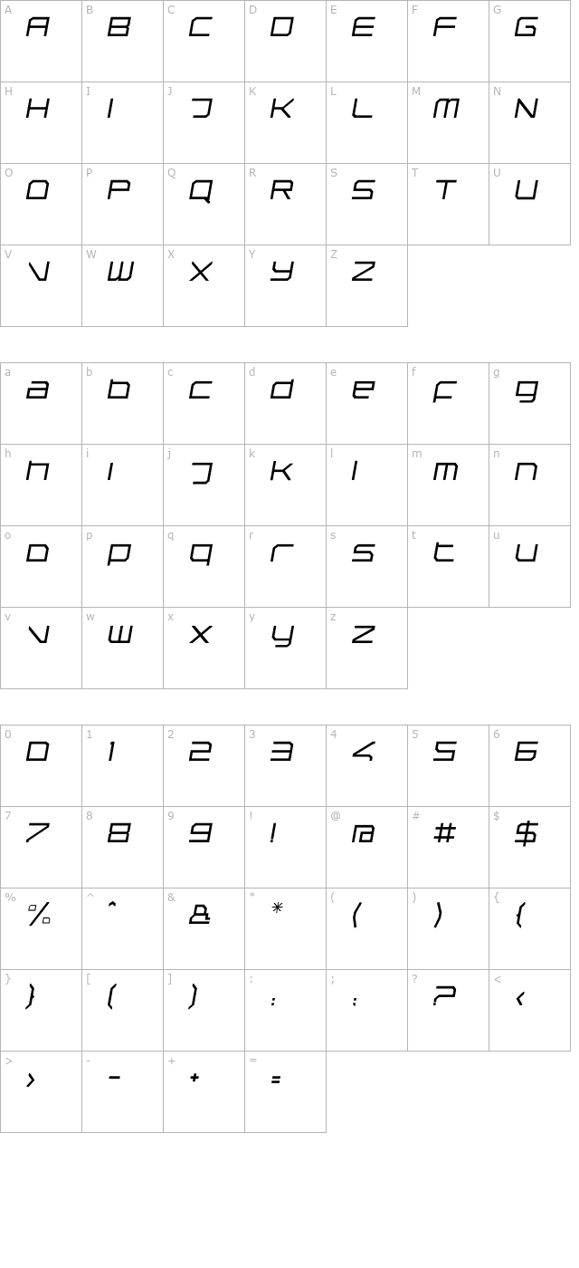 Rebirth-FineItalic character map