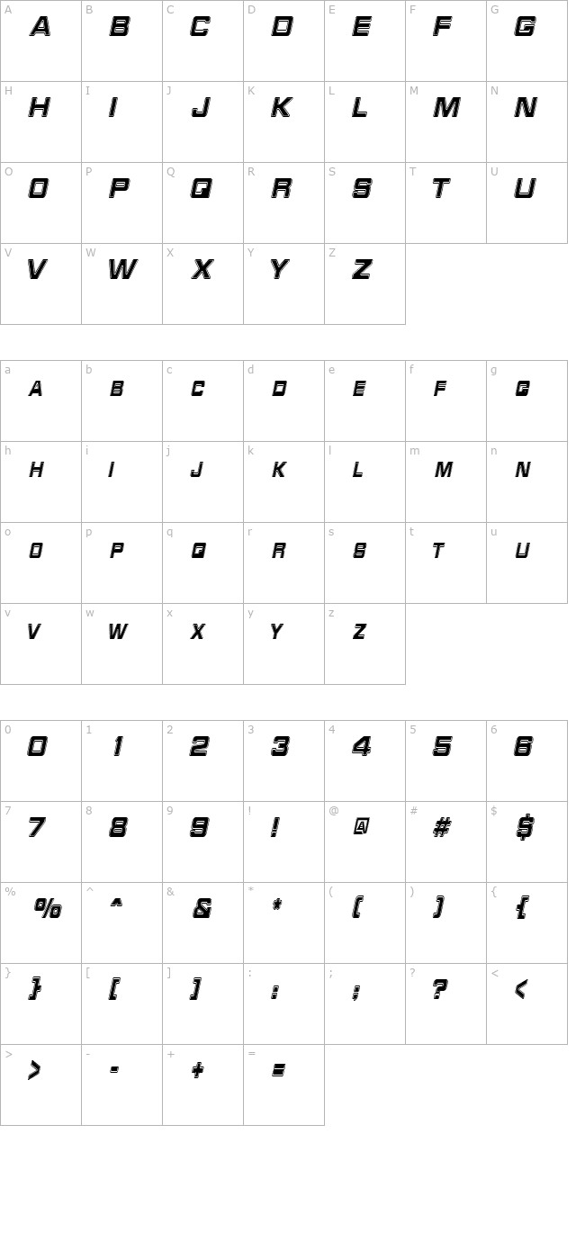 redalertcondensed-italic character map