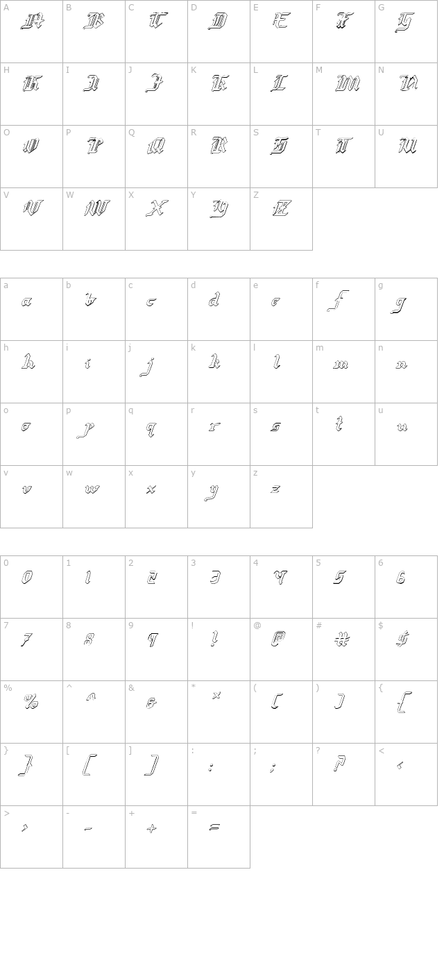 redcoat-shadow-italic character map