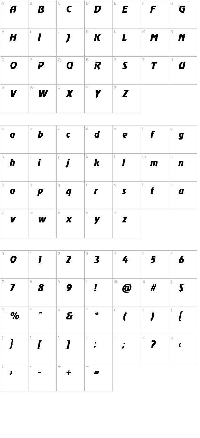 revel-italic character map