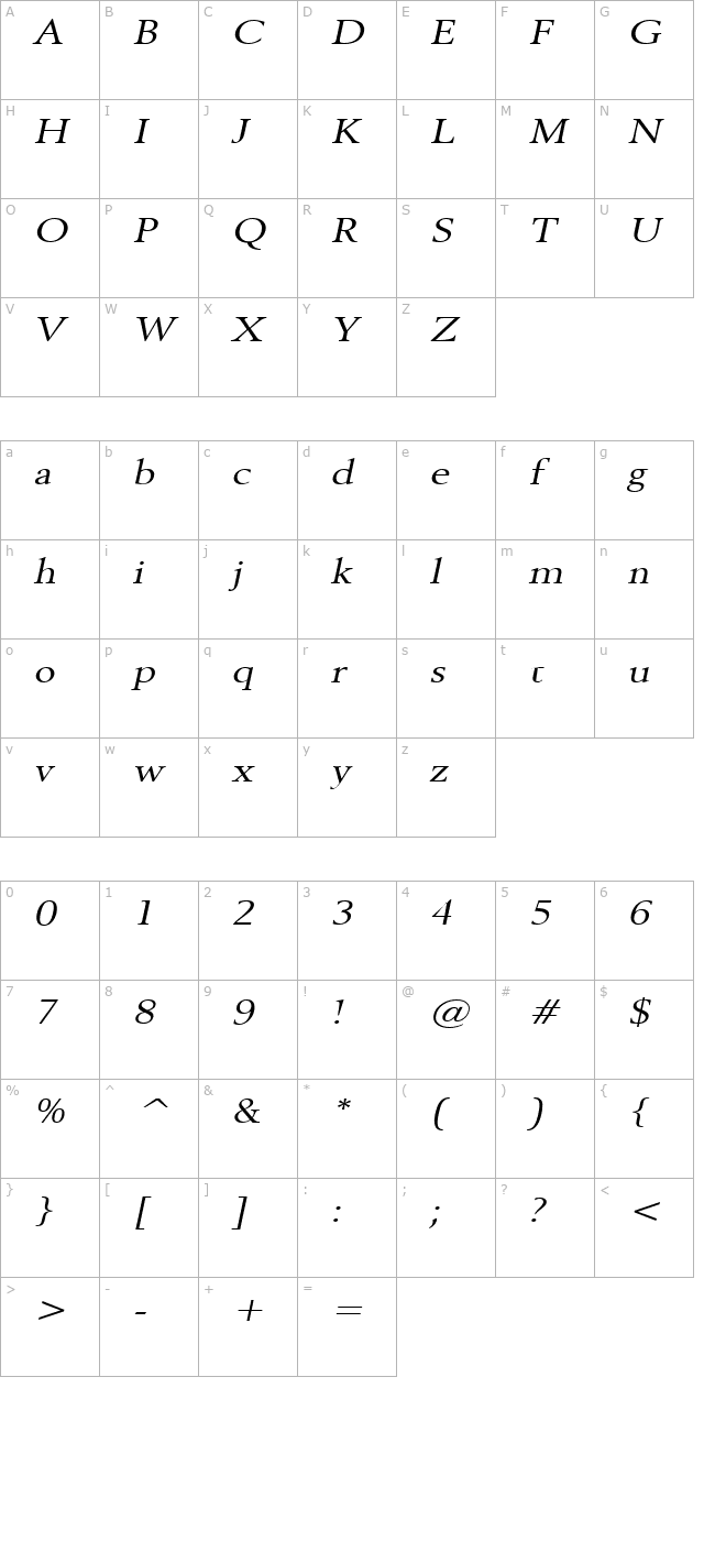 Revive 8 Wide Italic character map