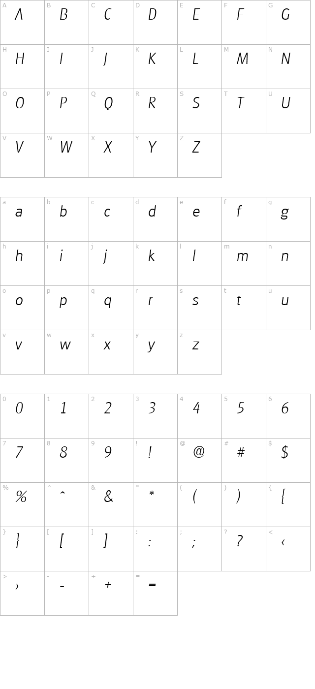 richardbecker-extralight-italic character map