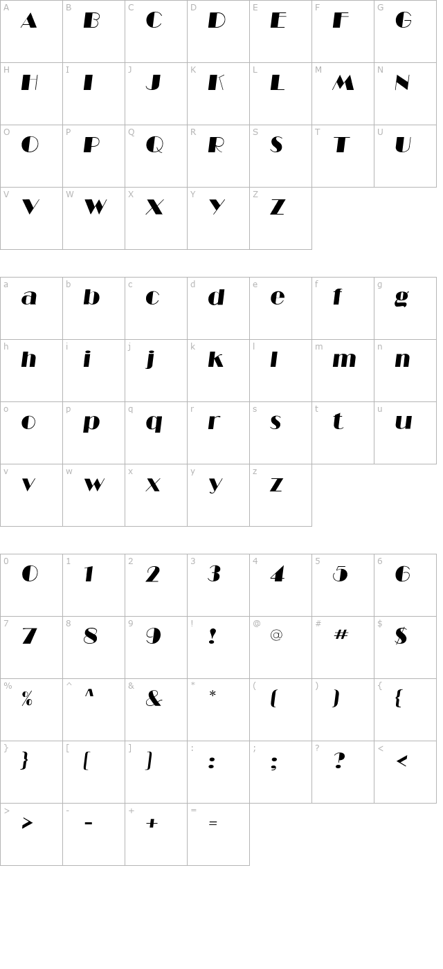 RitzFLF-Italic character map