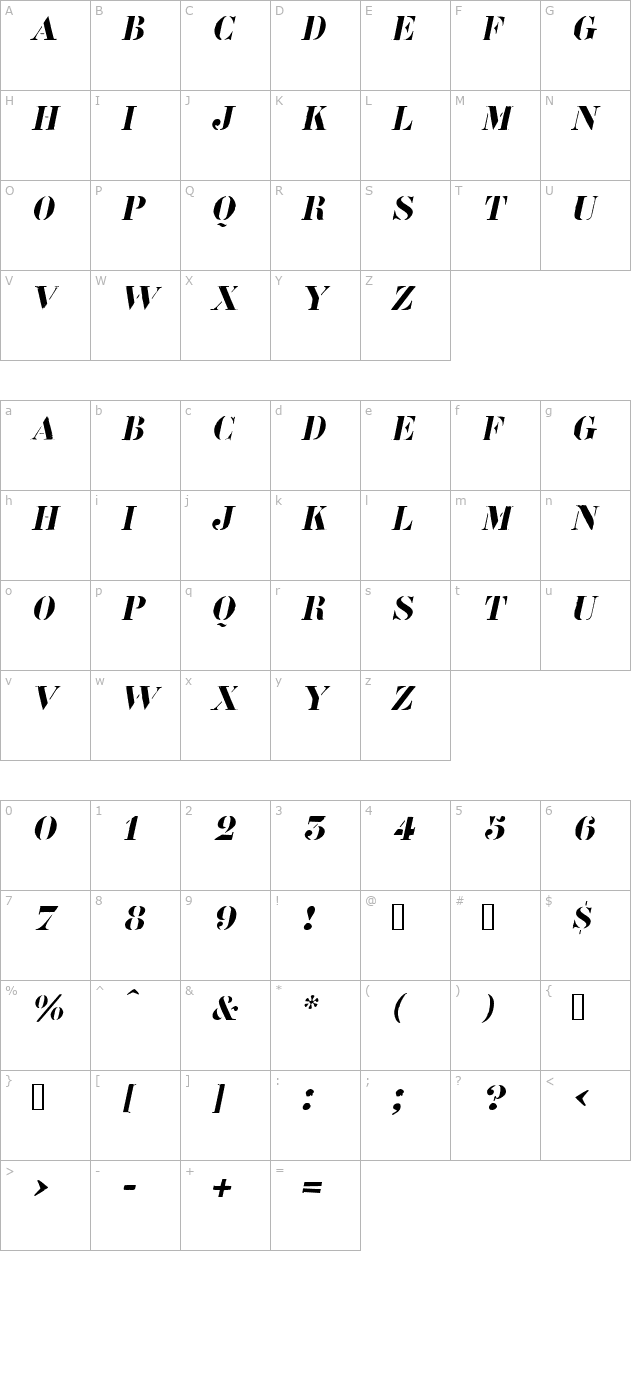 Roadcase Oblique character map