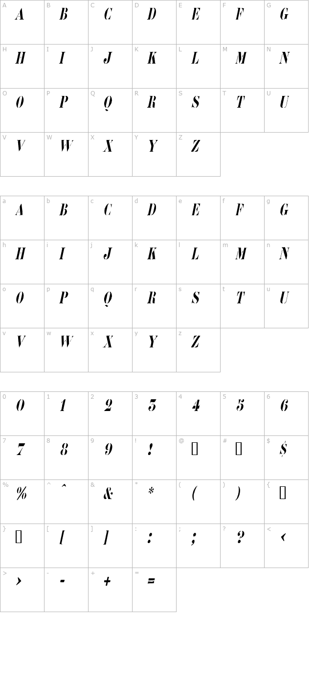 roadcasecondensed-oblique character map