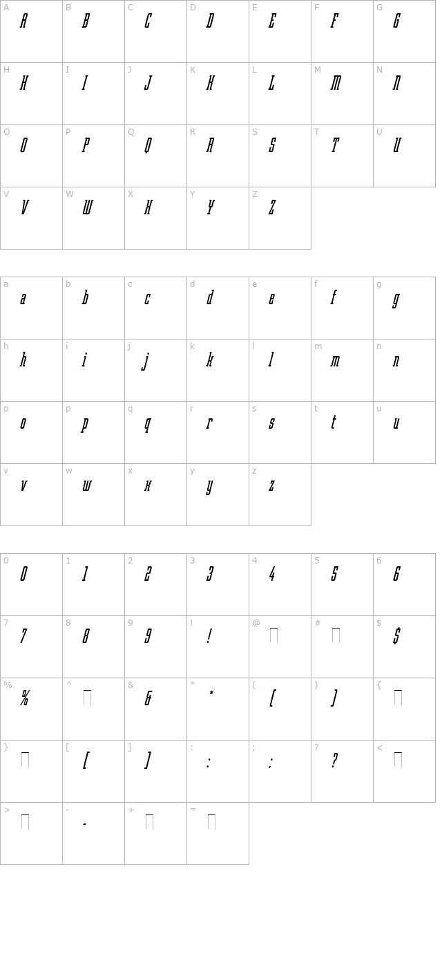 robotik-italic-plain character map