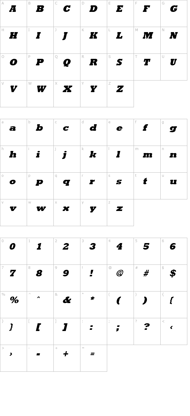 rockney-extrabold-italic character map