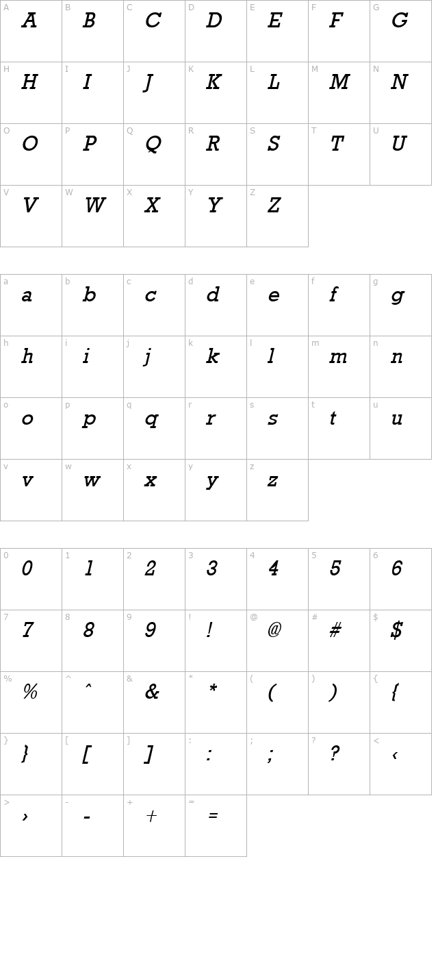 rockney-italic character map