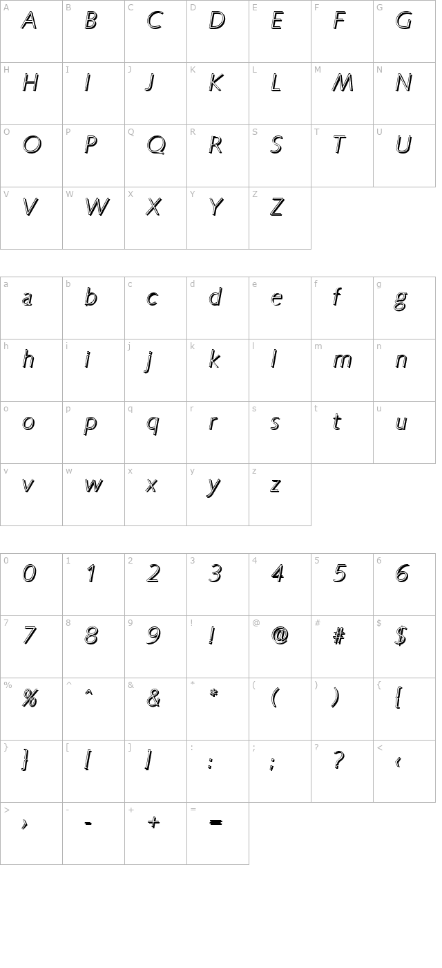 RogerBeckerShadow-Xlight-Italic character map