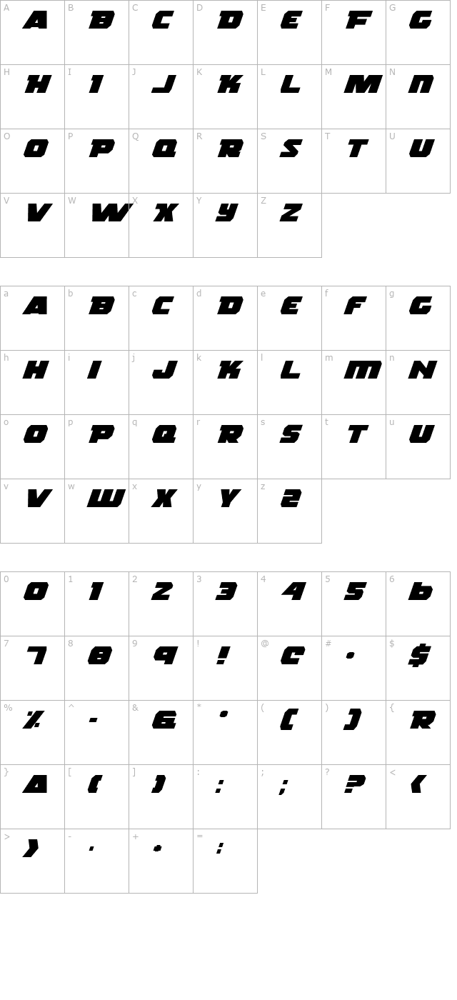 Rogue Hero Expanded Italic character map